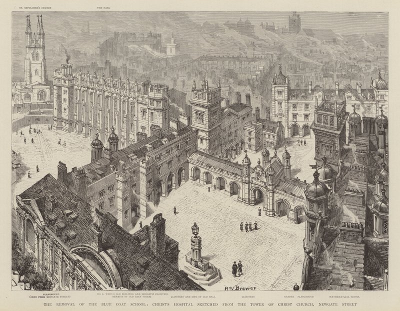 A remoção da The Blue Coat School, Hospital de Cristo, esboçada a partir da Torre da Igreja de Cristo, Newgate Street de Henry William Brewer