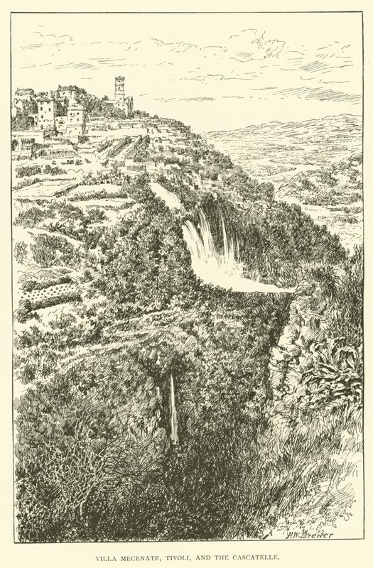 Villa Maecenas, Tivoli, e o Cascatelle (gravura) de Henry William Brewer