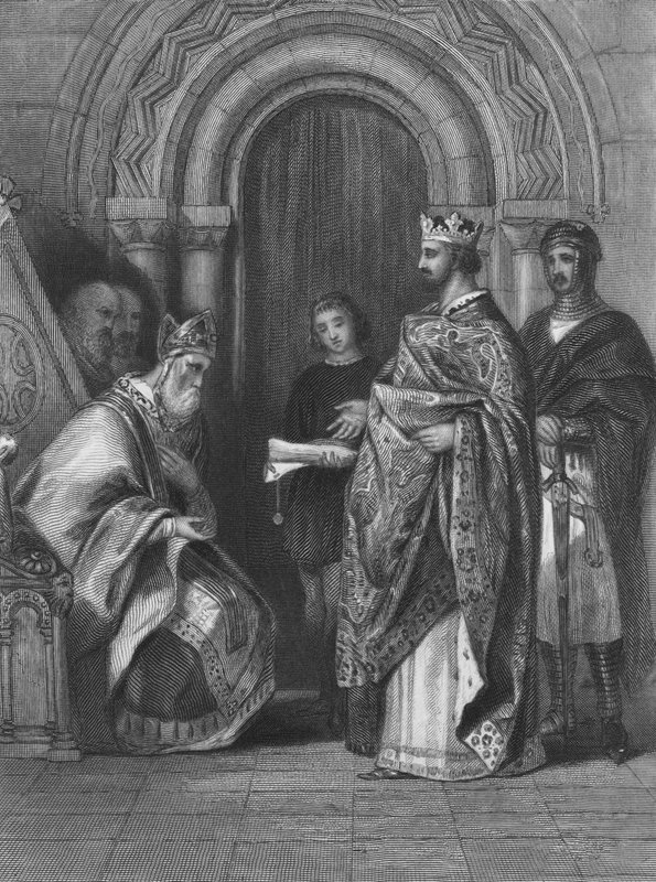 Rei Henrique II da Inglaterra apresentando a bula papal de 1155 que lhe permitiu invadir, governar e governar a Irlanda de Henry after Warren