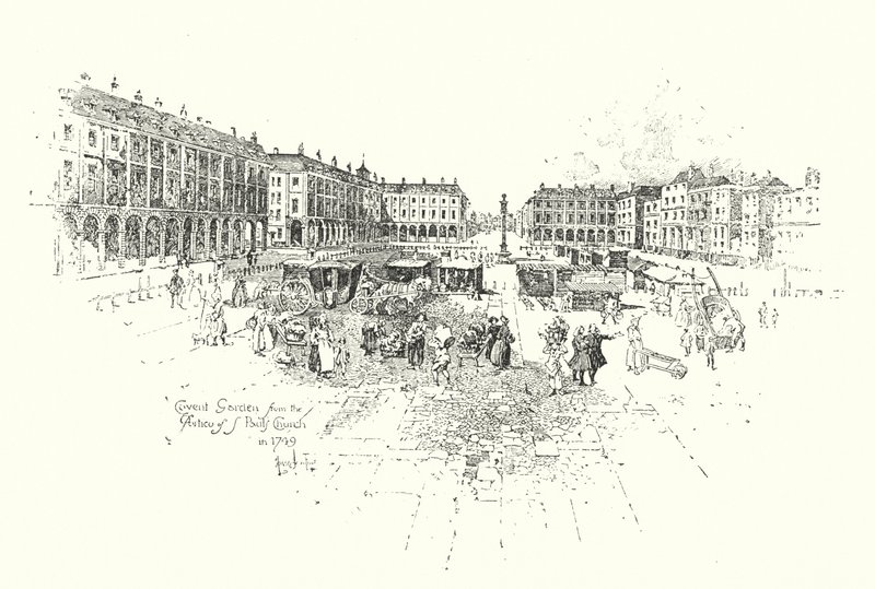 Covent Garden do Pórtico da Igreja de St Pauls, Londres, em 1749 (litho) de Herbert (after) Railton