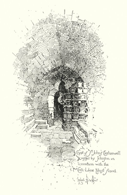 Crypt, St Johns Clerkenwell, visitada pelo Dr. Johnson em conexão com a fraude do Cock Lane Ghost (litho) de Herbert (after) Railton