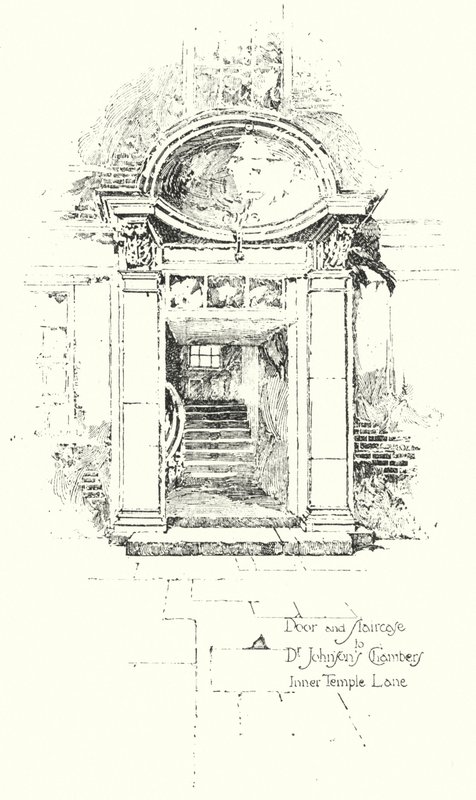 Porta e escadaria para o Dr. Johnsons Chambers, Inner Temple Lane, Londres (litho) de Herbert (after) Railton