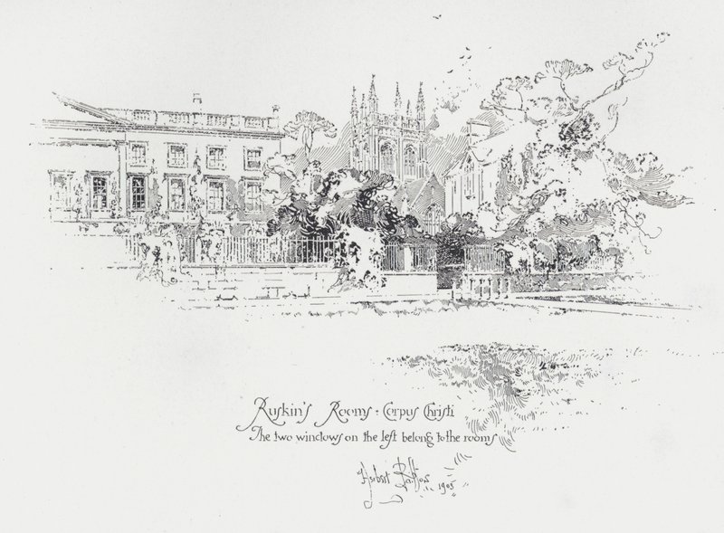 Os quartos do crítico de arte inglês John Ruskin no Corpus Christi College, Oxford (litho) de Herbert (after) Railton