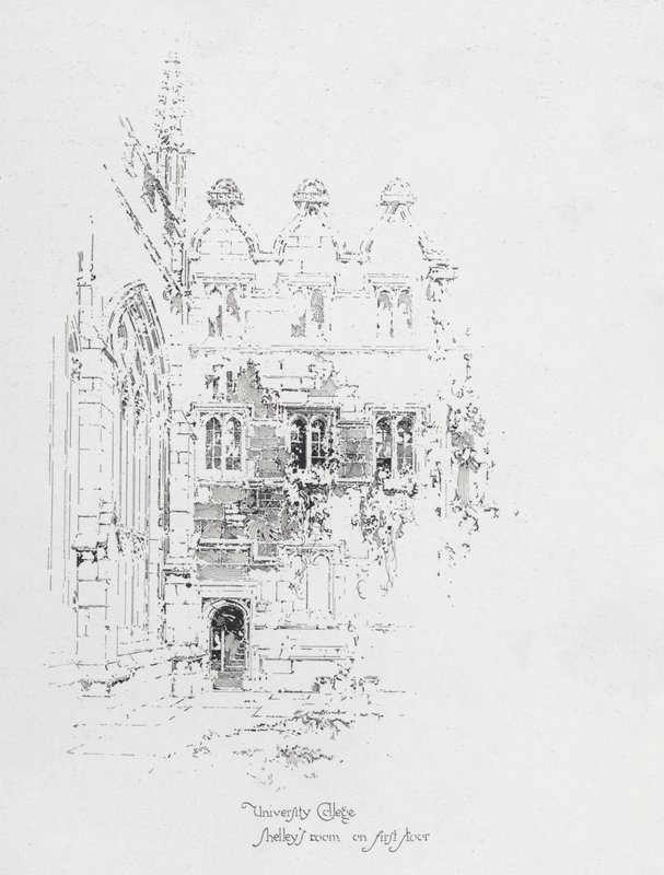 O quarto do poeta inglês Percy Bysshe Shelley no primeiro andar do University College, Oxford (litho) de Herbert (after) Railton