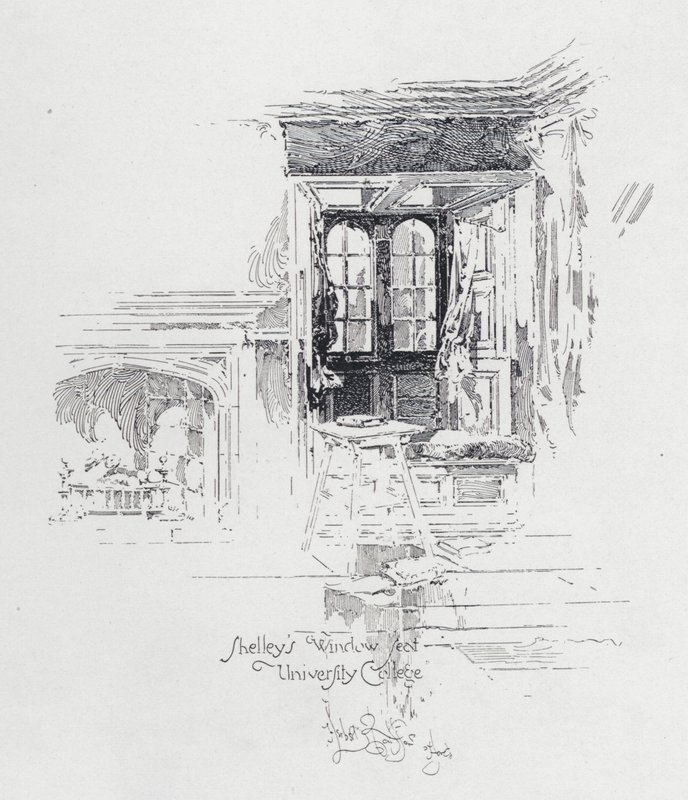 O poeta inglês Percy Bysshe Shelley na janela do University College, Oxford (litho) de Herbert (after) Railton