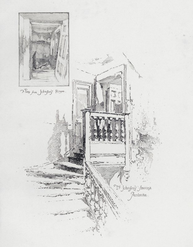 Quarto e escadaria do escritor inglês Samuel Johnson, Pembroke College, Oxford (litho) de Herbert (after) Railton