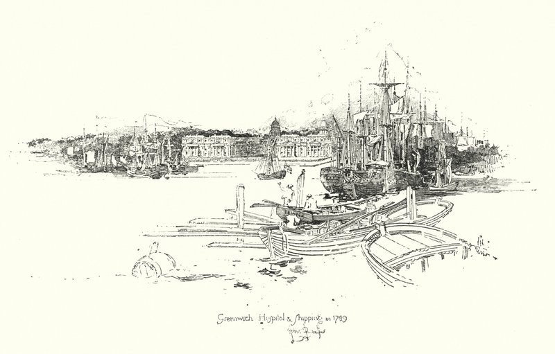 Greenwich Hospital e expedição, em 1749 (litho) de Herbert (after) Railton