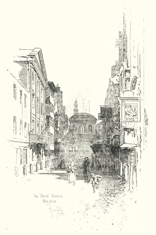 A Taberna do Diabo, Fleet Street, no tempo do Dr. Johnson (litho) de Herbert (after) Railton
