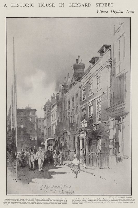 A casa na Gerrard Street, Londres, onde o poeta John Dryden morreu em 1700 (litho) de Herbert (after) Railton