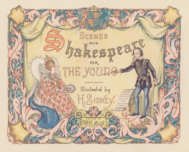 Ilustração da página de rosto de "Scenes from Shakespeare for the Young" (litografia a cores) de Herbert (after) Sidney
