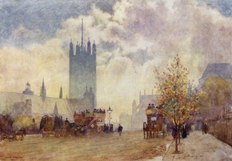 Victoria Tower e East End of Westminster Abbey (cor litho) de Herbert Menzies (after) Marshall