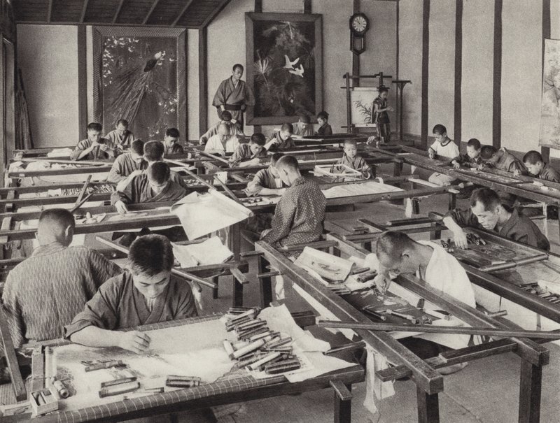 Japão na década de 1920: Escola de bordado em Kyoto (foto a p/b) de Herbert Ponting