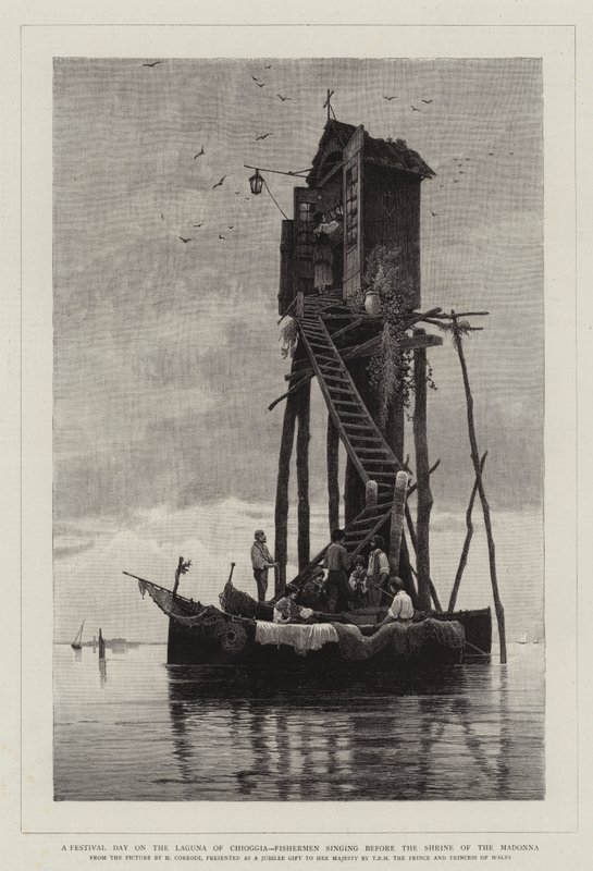 Um dia de festa na Laguna de Chioggia, pescadores cantando diante do Santuário da Madonna de Hermann David Salomon Corrodi