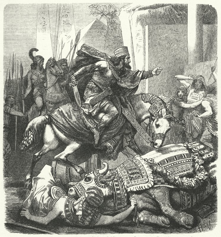 O imperador persa Artaxerxes III Ochus matando o sagrado touro Apis dos egípcios de Hermann Vogel
