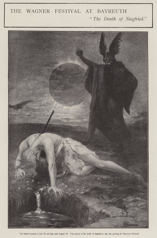 O Festival Wagner em Bayreuth: a Morte de Siegrfried (litho) de Hermann (after) Hendrich