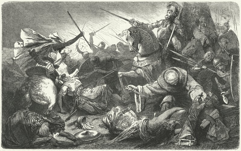Cristãos lutando contra os almôadas na Batalha de Las Navas de Tolosa, Espanha, 1212 de Hermann Vogel