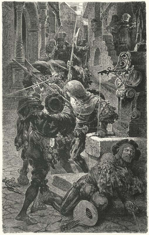 Choque entre estudantes e Landsknechts em Erfurt, 1510 de Hermann Vogel
