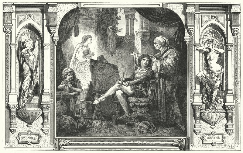 Dante Alighieri no estúdio de Giotto, século 14 de Hermann Vogel