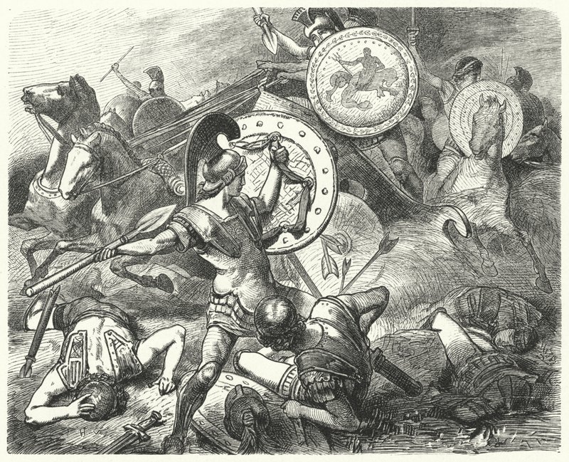 Epaminondas salvando a vida de Pelopidas na Batalha de Mantinea, 385 aC de Hermann Vogel
