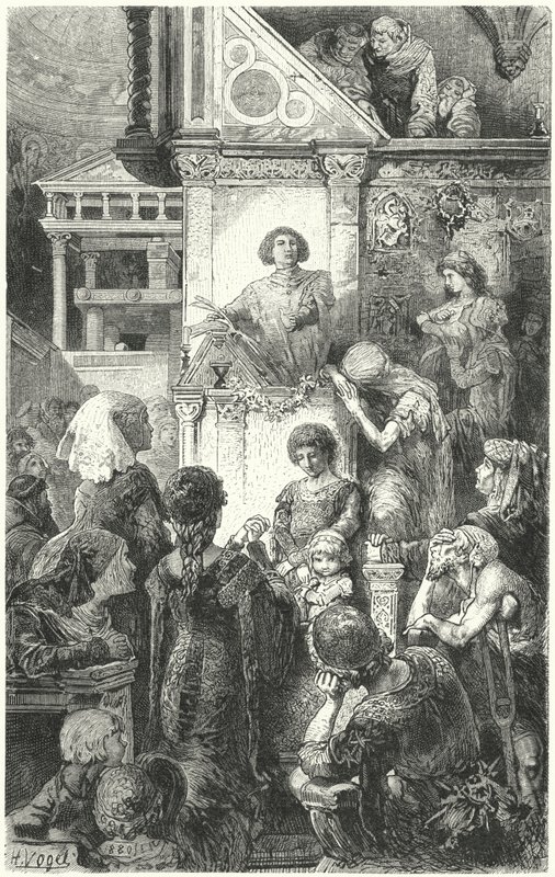 Giovanni Boccaccio recitando Dantes Divina Comédia ao povo de Florença, século XIV de Hermann Vogel