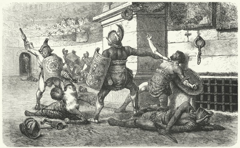 Gladiadores lutando na arena na Roma Antiga de Hermann Vogel