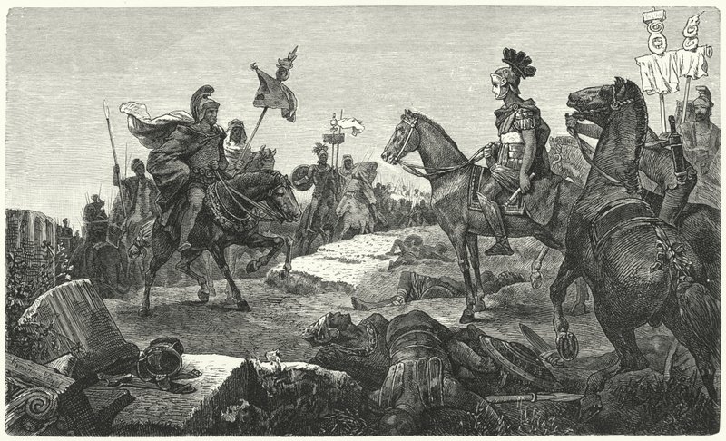 O encontro entre Cipião Africano e Aníbal antes da Batalha de Zama, 202 aC de Hermann Vogel