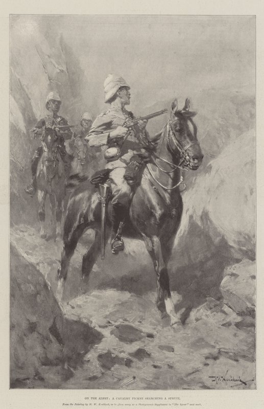 No alerta, um piquete da cavalaria que procura um Spruit de Hermanus Willem Koekkoek