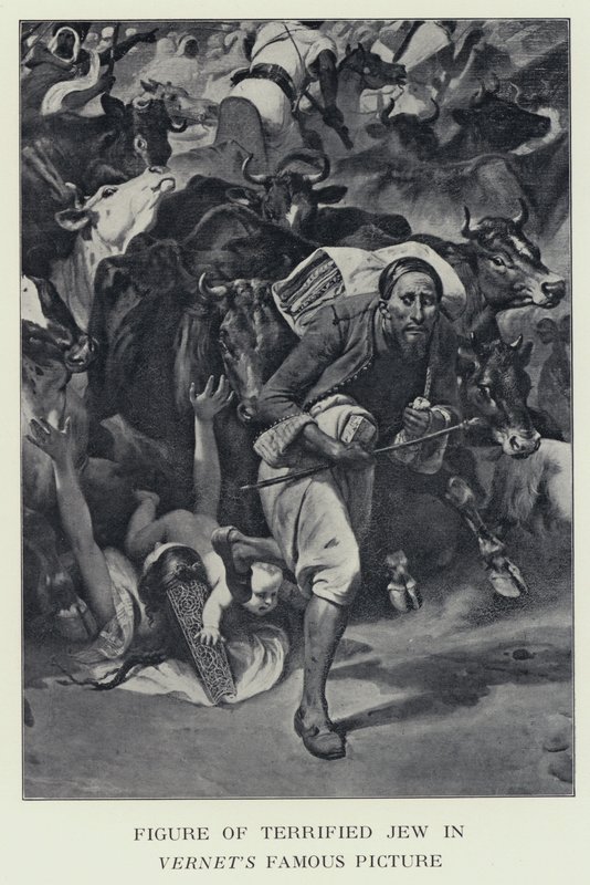 Figura de judeu aterrorizado em foto famosa dos Vernets - supostamente uma representação do Barão James Rothschild (foto a p/b) de Horace (after) Vernet