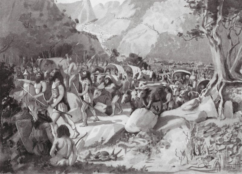 Migração de tribos citas através de uma passagem nas montanhas da Ásia Menor (litografia) de Horace Moore Jones