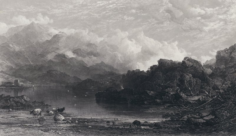 Um, highland, loch, névoa, descansar, ligado, montanhas de Horatio Macculloch
