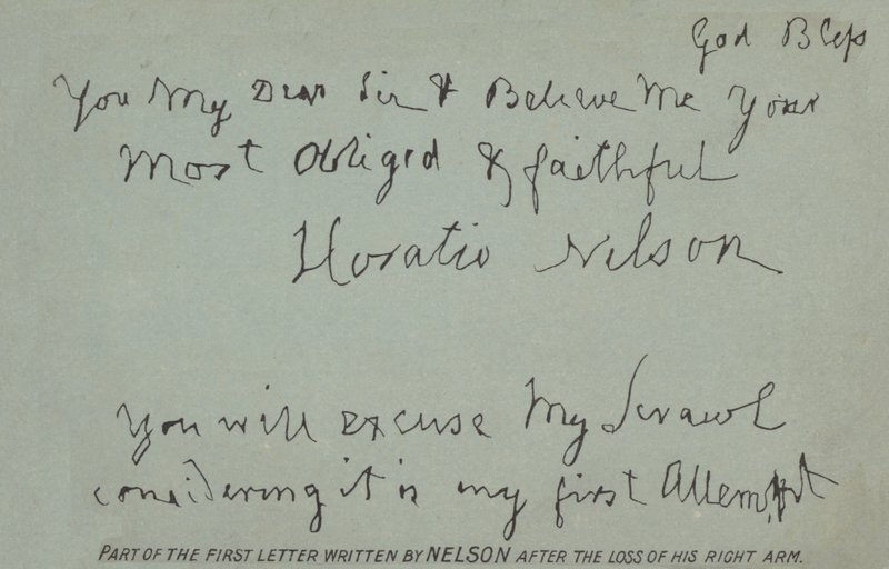 Parte da primeira carta escrita por Nelson após a perda do braço direito de Horatio Nelson