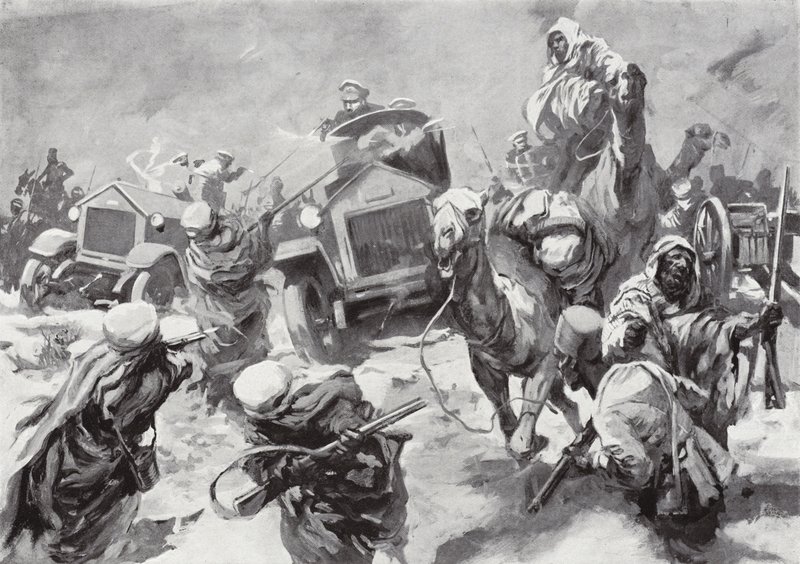 O duque de Westminster e seus carros blindados correm para o resgate de tripulações naufragadas confiscadas pelos senussi, cirenaica, norte da África, 17 de março de 1916 de Howard K. Elcock