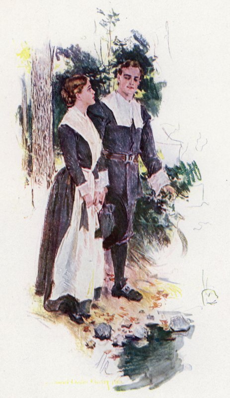 Ilustração para O cortejo de Miles Standish por Henry Wadsworth Longfellow (cor litho) de Howard Chandler (after) Christy