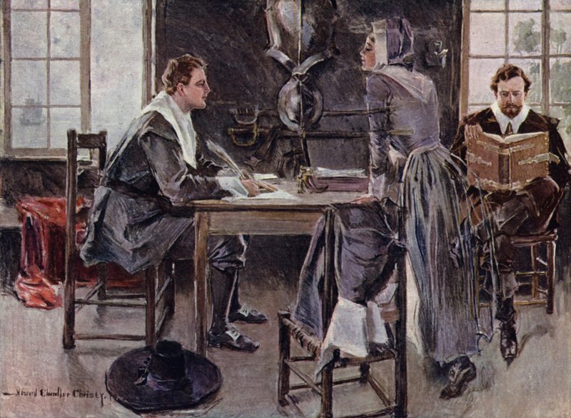 Ilustração para O cortejo de Miles Standish por Henry Wadsworth Longfellow (cor litho) de Howard Chandler (after) Christy