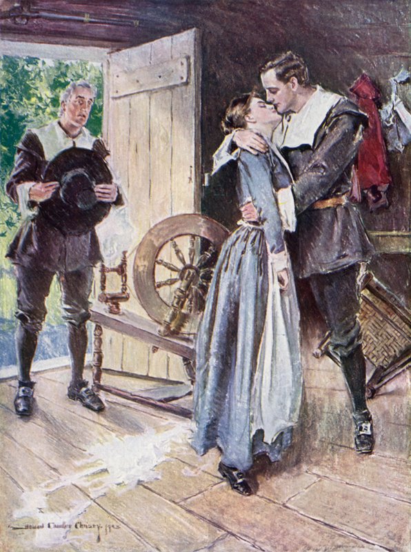 Ilustração para O cortejo de Miles Standish por Henry Wadsworth Longfellow (cor litho) de Howard Chandler (after) Christy