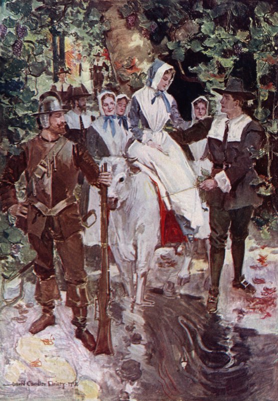 Ilustração para O cortejo de Miles Standish por Henry Wadsworth Longfellow (cor litho) de Howard Chandler (after) Christy