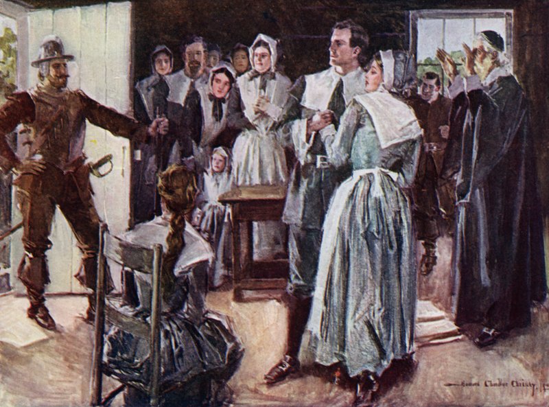 Ilustração para O cortejo de Miles Standish por Henry Wadsworth Longfellow (cor litho) de Howard Chandler (after) Christy