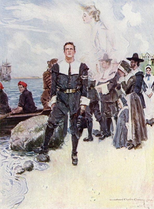 Ilustração para O cortejo de Miles Standish por Henry Wadsworth Longfellow (cor litho) de Howard Chandler (after) Christy