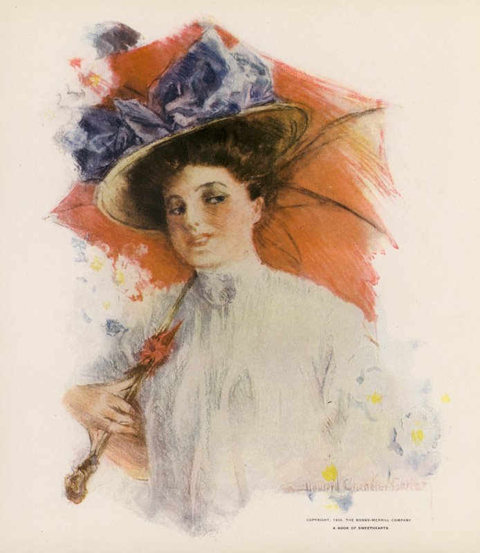 Mulher jovem com um guarda-sol cor de laranja (litografia a cores) de Howard Chandler (after) Christy