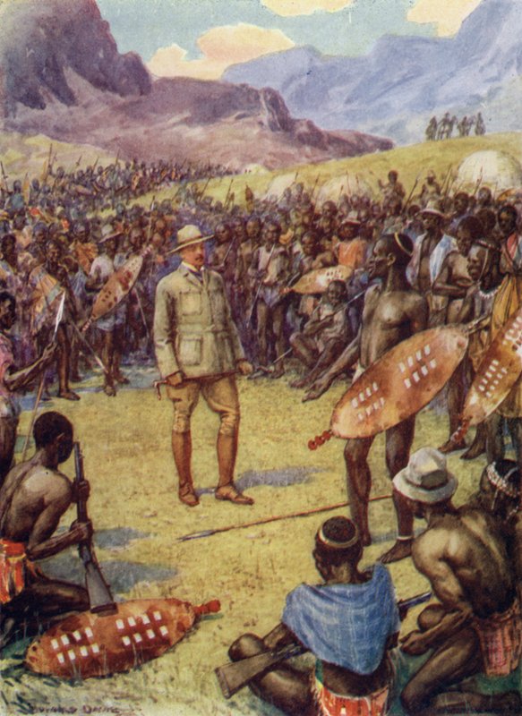 Cecil Rhodes, com os Matabeles (lito a cores) de Howard Davie