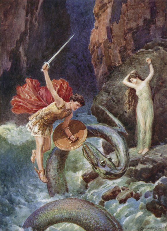 Do alto do ar caiu Perseus. De como Perseu veio para a Etiópia (cor litho) de Howard Davie