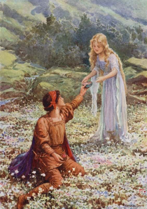 "Dê-me algo para beber" de "As Três Romãs" (lito colorido) de Howard Davie