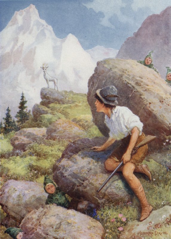 "Ele viu slatarog em pé em um pico" de "The Legend of the White Chamois" (lito colorido) de Howard Davie
