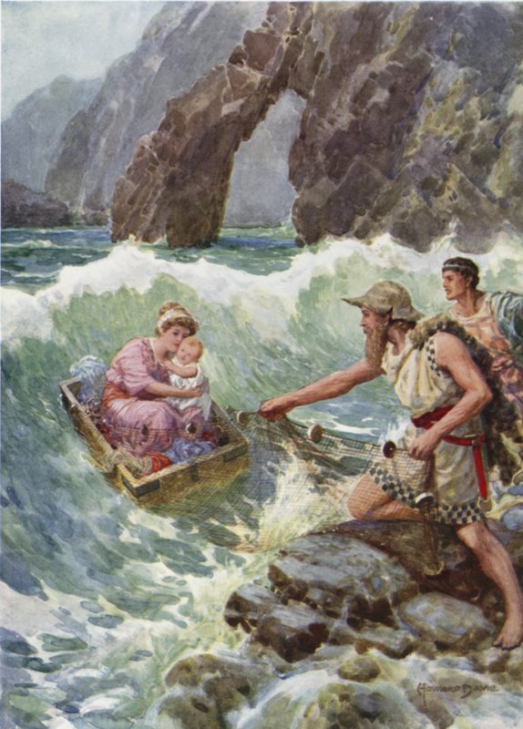 Ele desenhou-a e ao bebé a salvo sobre um parapeito de rocha. De How Perseus e a sua mãe vieram para Serifos (cor litho) de Howard Davie