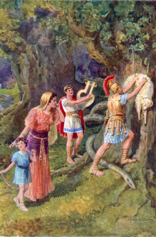 "Jason arrancou o velo do tronco da árvore" (cor litho) de Howard Davie