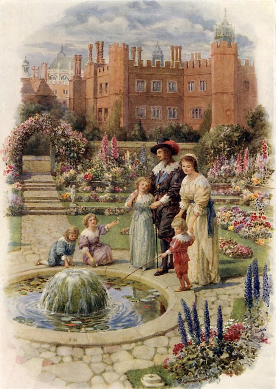 Rei Carlos I e Rainha Henrietta em Hampton Court (cor litho) de Howard Davie