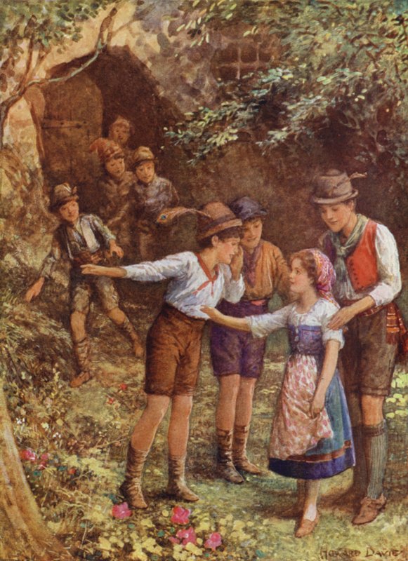 Mortella e os seus sete irmãos, de "The Child of the Myrtle Tree" (cor litho) de Howard Davie