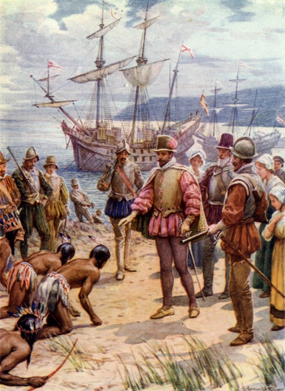 Sir Walter Raleigh, pousando na Virgínia (lito colorido) de Howard Davie