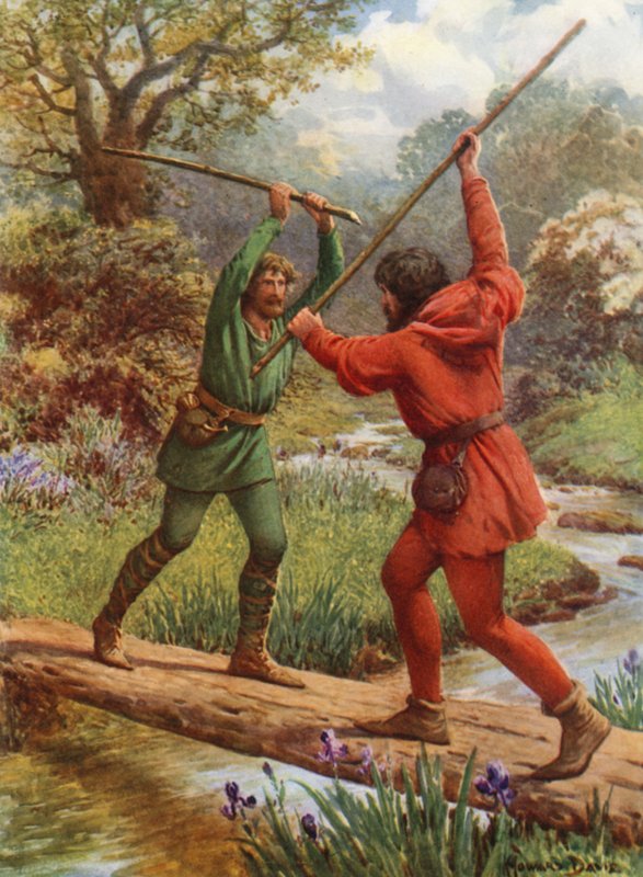 "A Luta entre Robin Hood e Little John" (cor litho) de Howard Davie