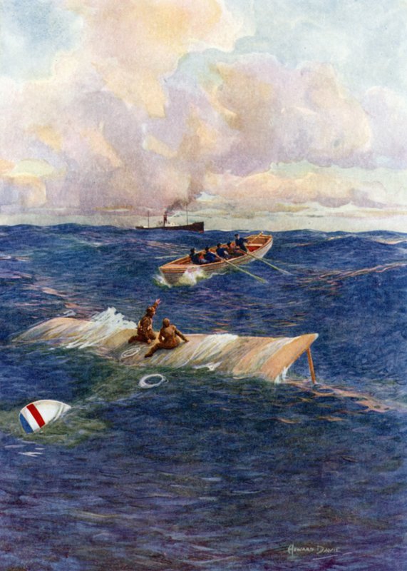 O barco salva-vidas de "The Mary of Denmark" resgatando Hawker e Grieve (lito colorido) de Howard Davie